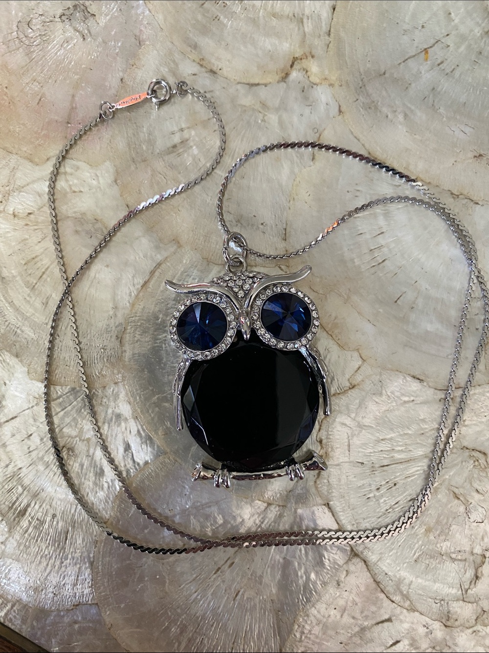 Owl pendant in blue glass and silver tone on a vintage Napier chain 🦉💙
